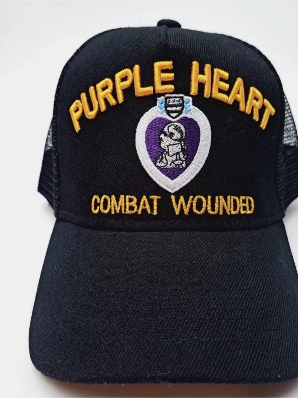 Purple Heart Combat Wounded Men's Mesh Cap Hat Black Embroidered